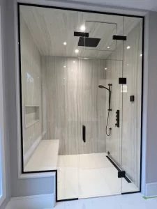 Steam shower glass enclosure in-line